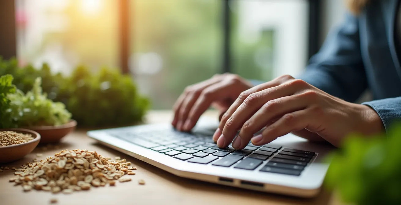Person using laptop to research natural cholesterol remedies with scientific elements