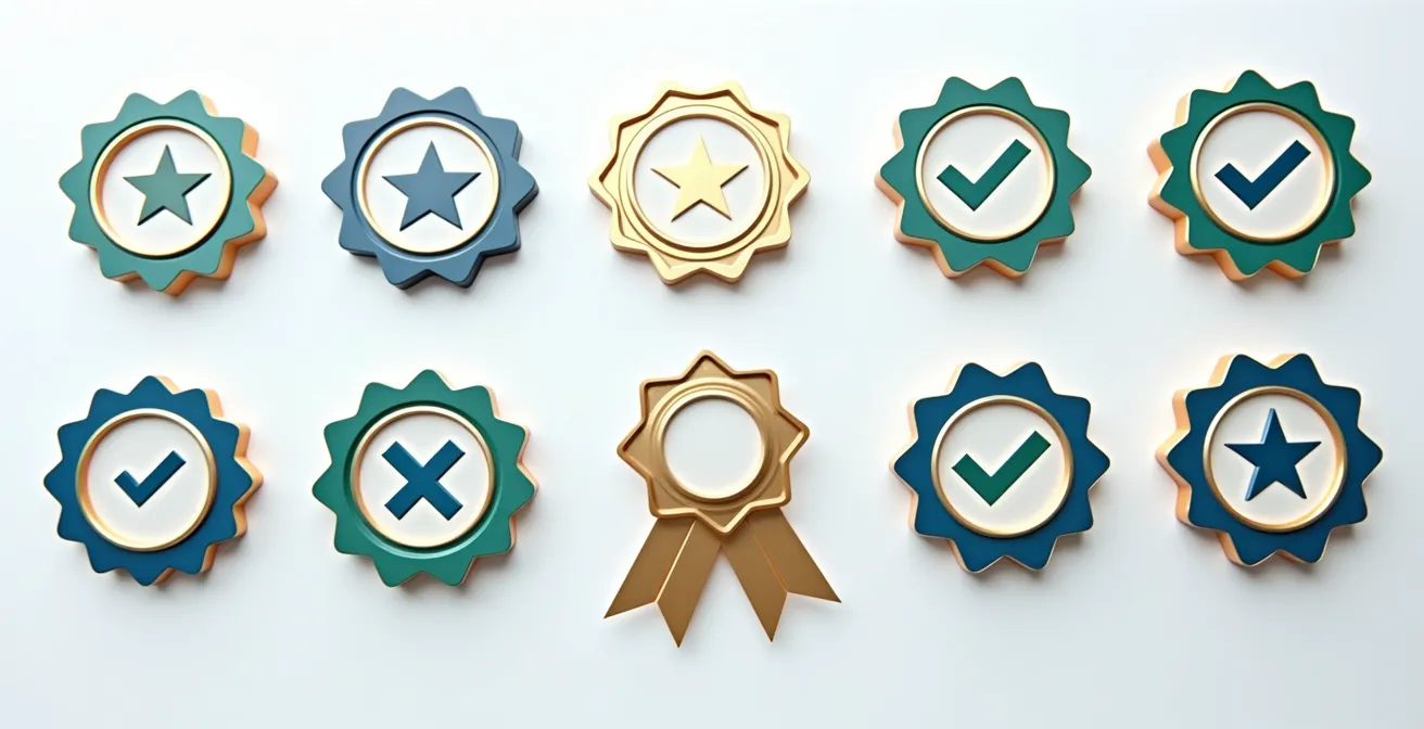 Collection of quality certification symbols and badges for dietary supplements