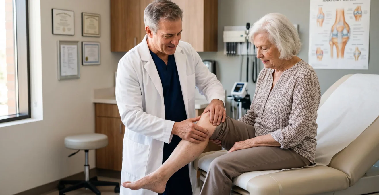Orthopedic doctor examining a senior patient's knee in a medical examination room, assessing range of motion and clinical indicators.