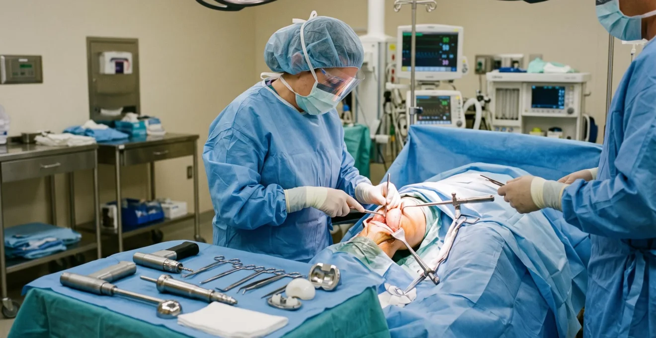 Orthopedic surgeon performing knee replacement surgery in a modern operating room with surgical instruments and knee prosthesis components visible.