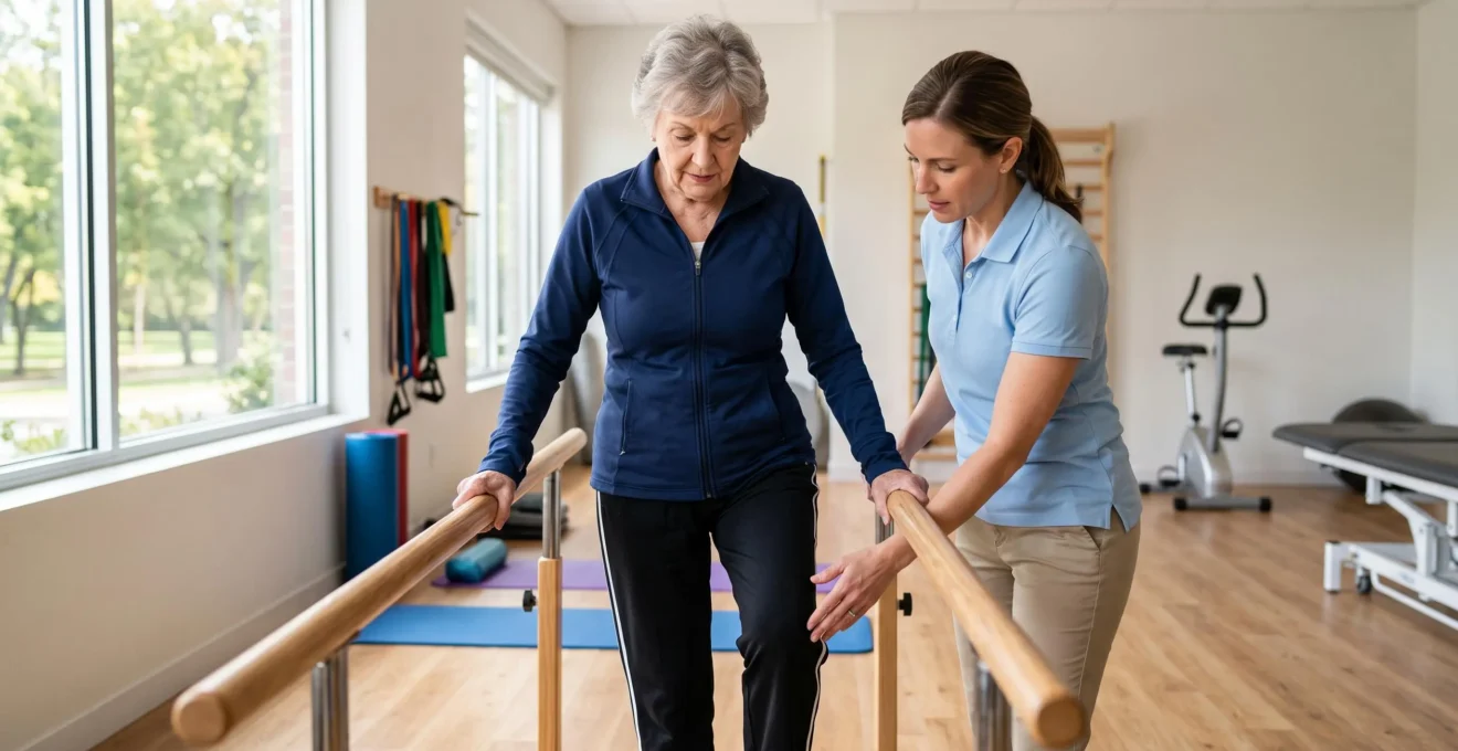 Senior patient performing guided physical therapy exercises for knee rehabilitation with a physical therapist in a modern rehabilitation facility.