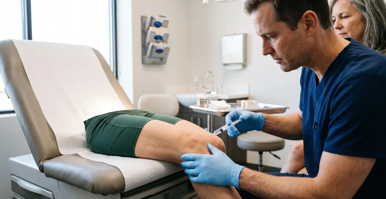 Physician administering a therapeutic injection into a patient's knee as a conservative treatment alternative in a medical office.