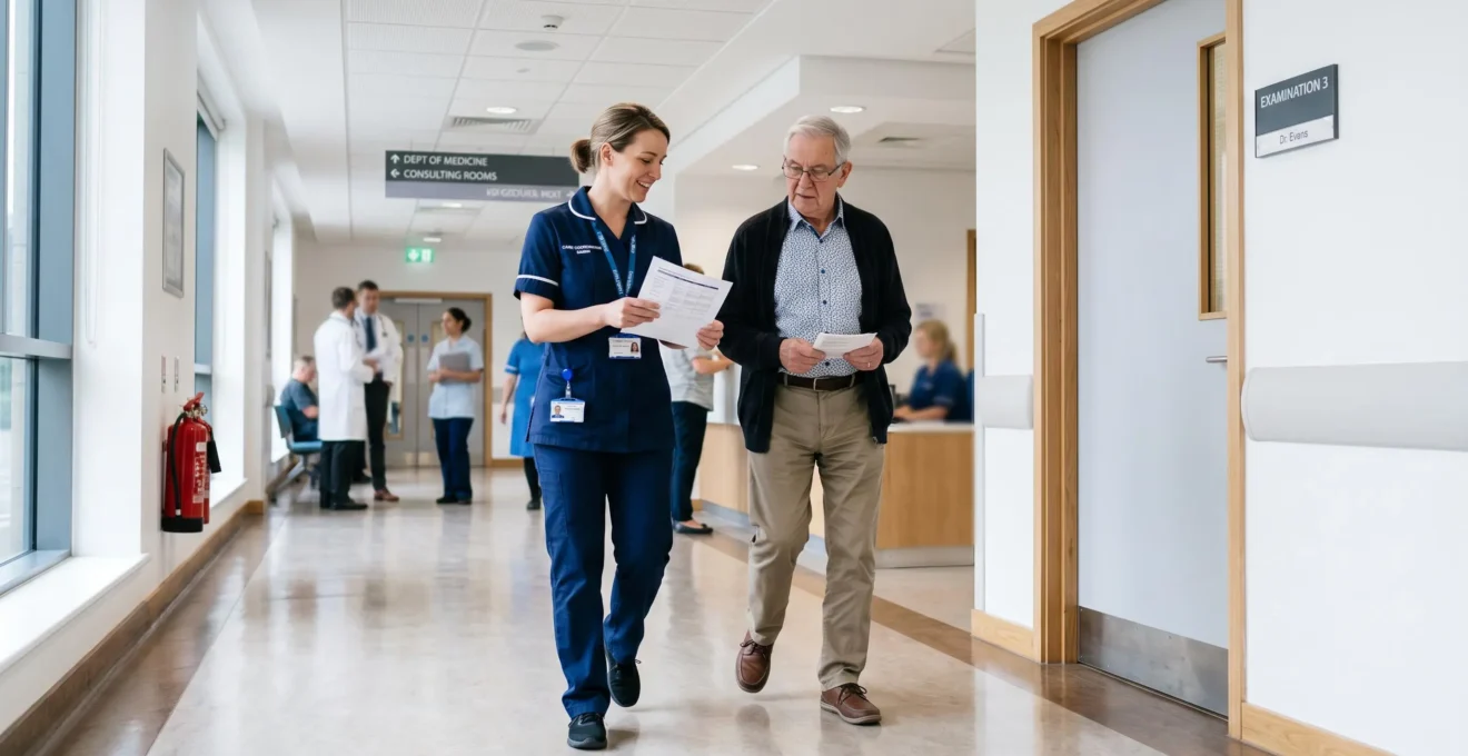 A care coordinator guides a patient through a bright hospital corridor holding a schedule.