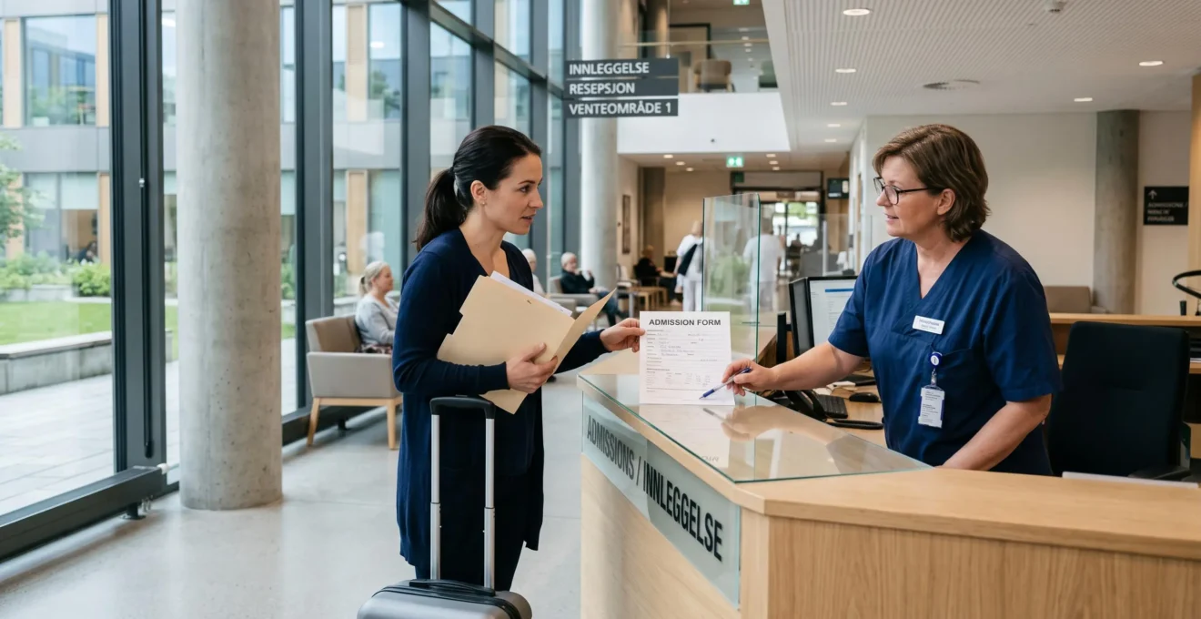A patient discusses admission documents with hospital staff at a European hospital reception desk.