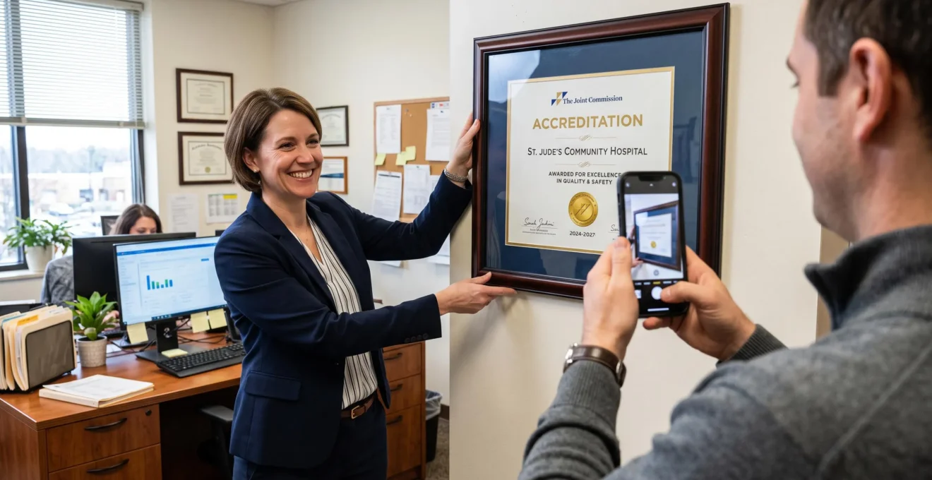 A visitor photographs a framed hospital accreditation certificate on an office wall.